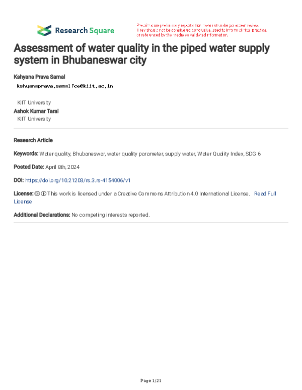 (PDF) Assessment of water quality in the piped water supply system in ...