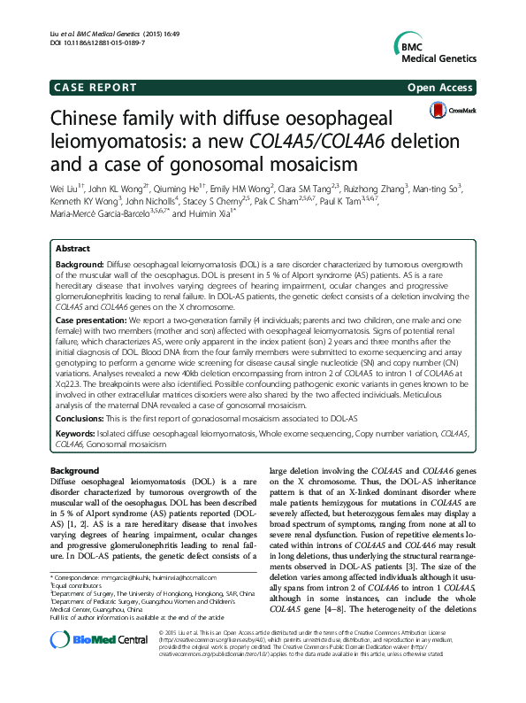 (PDF) Chinese family with diffuse oesophageal leiomyomatosis: a new ...