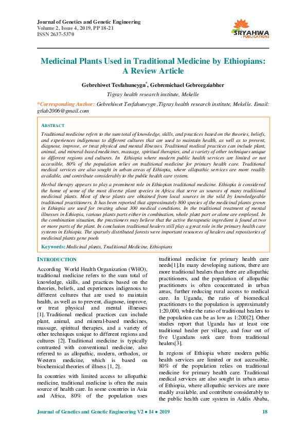 (PDF) Medicinal Plants Used in Traditional Medicine by Ethiopians:A ...