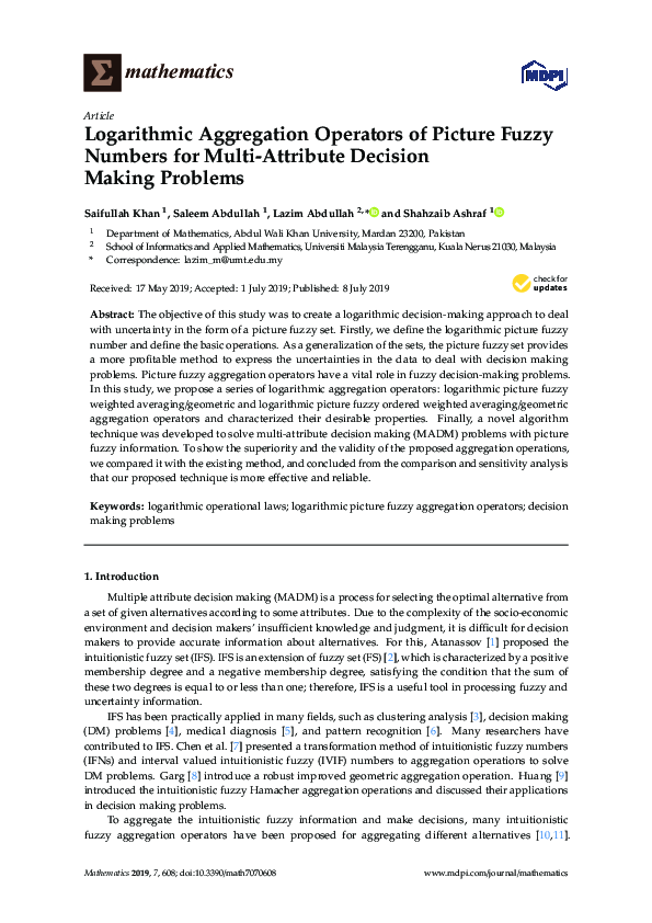 (PDF) Logarithmic Aggregation Operators of Picture Fuzzy Numbers for ...