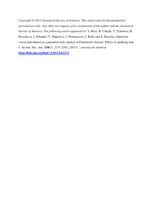 (PDF) Vowel Articulation as Early Marker of Parkinson's Disease