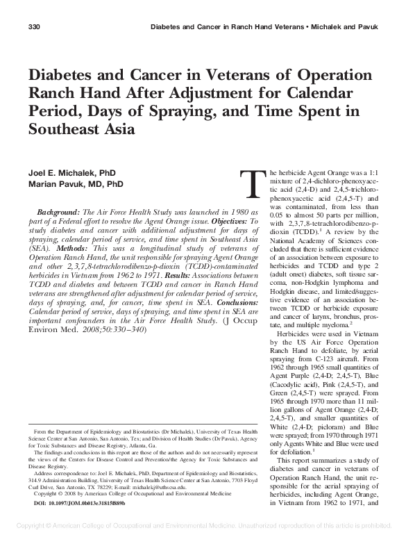 (PDF) Diabetes and Cancer in Veterans of Operation Ranch Hand After ...