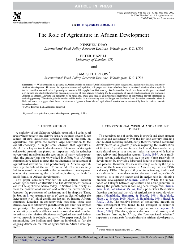 (PDF) The Role of Agriculture in African Development