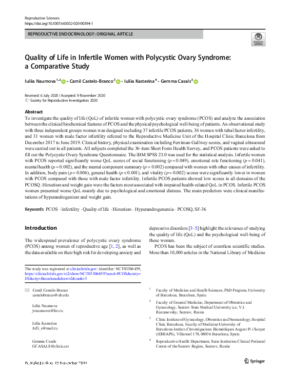 (PDF) Quality of Life in Infertile Women with Polycystic Ovary Syndrome ...
