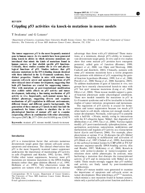 (PDF) Crippling p53 activities via knock-in mutations in mouse models