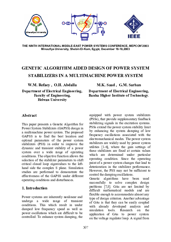 (PDF) Genetic Algorithm Aided Design of Power System Stabilizers in a ...
