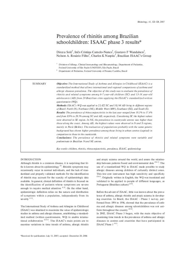 (PDF) Prevalence of rhinitis among Brazilian schoolchildren: ISAAC ...