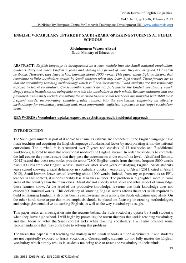 (PDF) English Vocabulary Uptake by Saudi Arabic-Speaking Students at ...