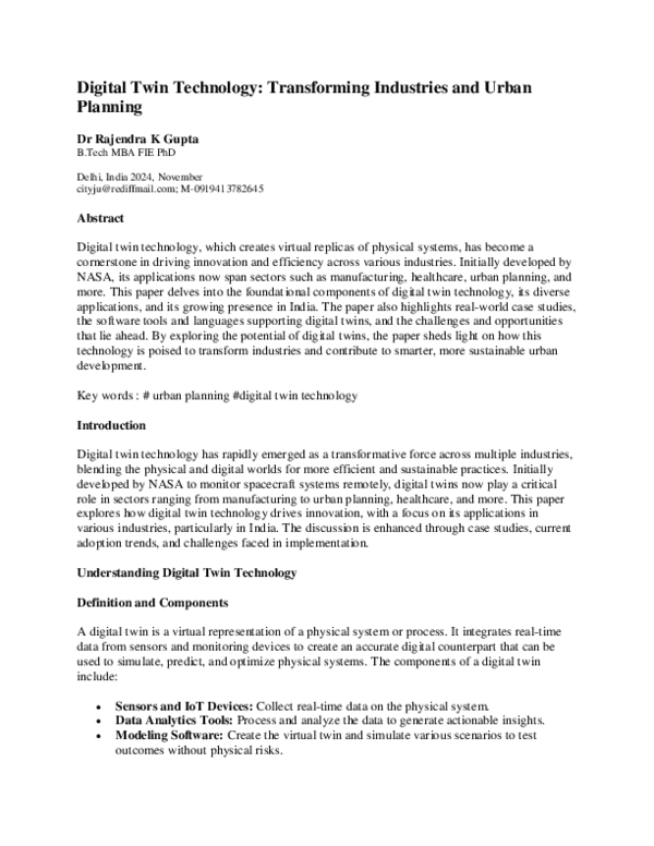 (PDF) Digital Twin Technology: Transforming Industries and Urban Planning