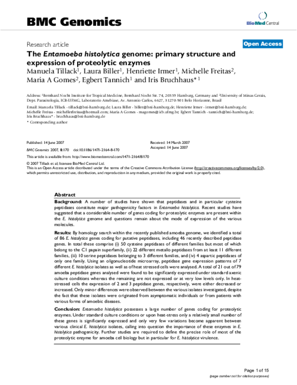 (PDF) The Entamoeba histolytica genome: primary structure and ...