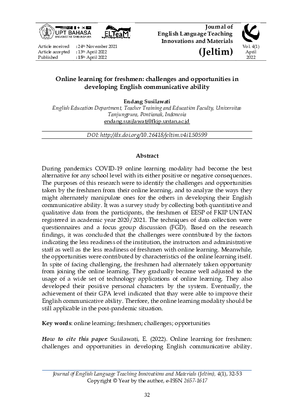 (PDF) Online learning for freshmen: opportunities and challenges in ...