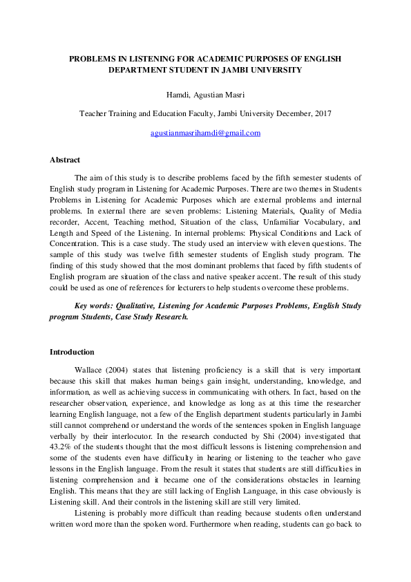 (PDF) Problems in Listening for Academic Purposes of English Department ...