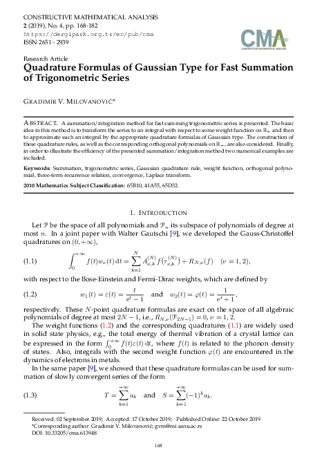 (PDF) Quadrature Formulas of Gaussian Type for Fast Summation of ...