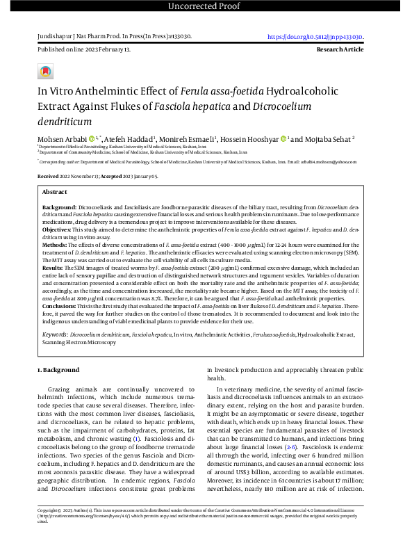 (PDF) In Vitro Anthelmintic Effect of Ferula assa-foetida ...
