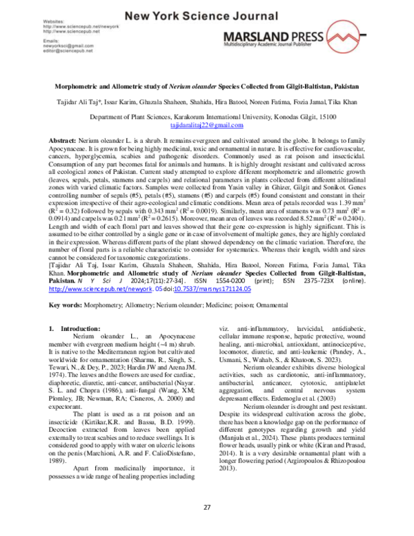 (PDF) Morphometric and Allometric study of Nerium oleander Species ...