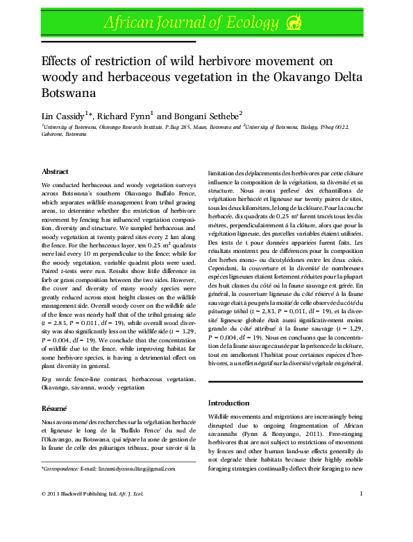 (PDF) Effects of restriction of wild herbivore movement on woody and ...