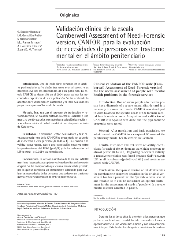 (PDF) Clinical validation of the CANFOR scale (Camberwell Assessment of ...