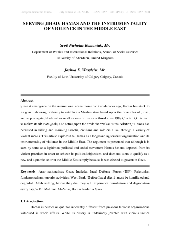(PDF) Serving Jihad: Hamas and the Instrumentality of Violence in the ...