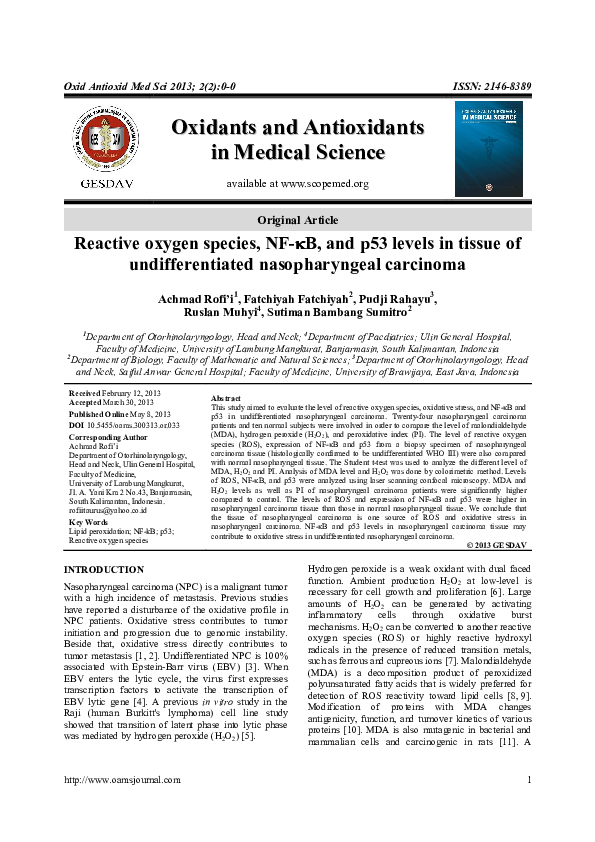 (PDF) Reactive oxygen species, NF-kB, and p53 levels in tissue of ...