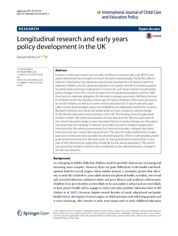 (PDF) Longitudinal research and early years policy development in the UK