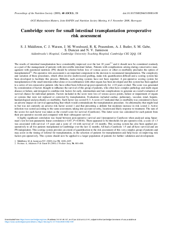 (PDF) Cambridge score for small intestinal transplantation preoperative ...