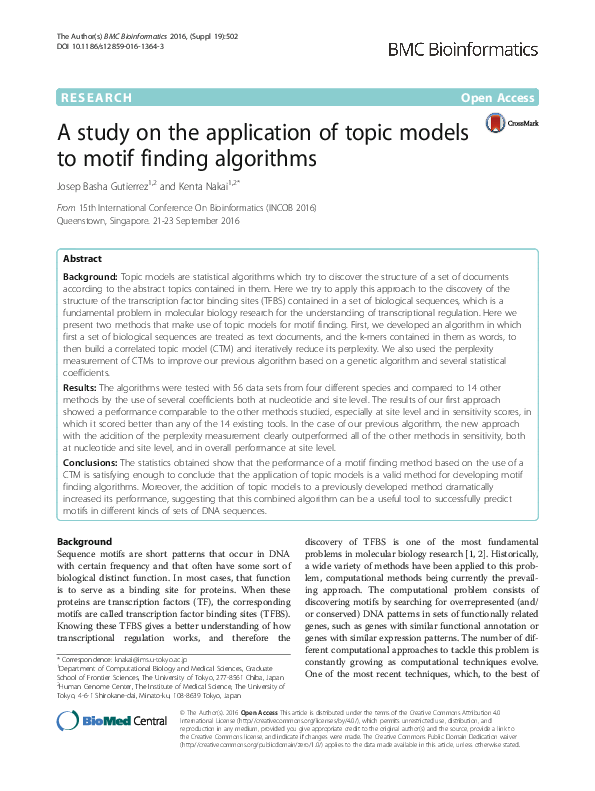 (PDF) A study on the application of topic models to motif finding ...