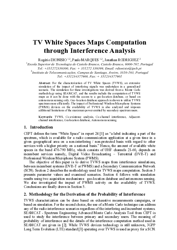 (PDF) Efficient Computation of TV White Space Maps via Interference ...