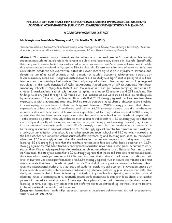 (PDF) INFLUENCE OF HEAD TEACHERS' INSTRUCTIONAL LEADERSHIP PRACTICES ON ...