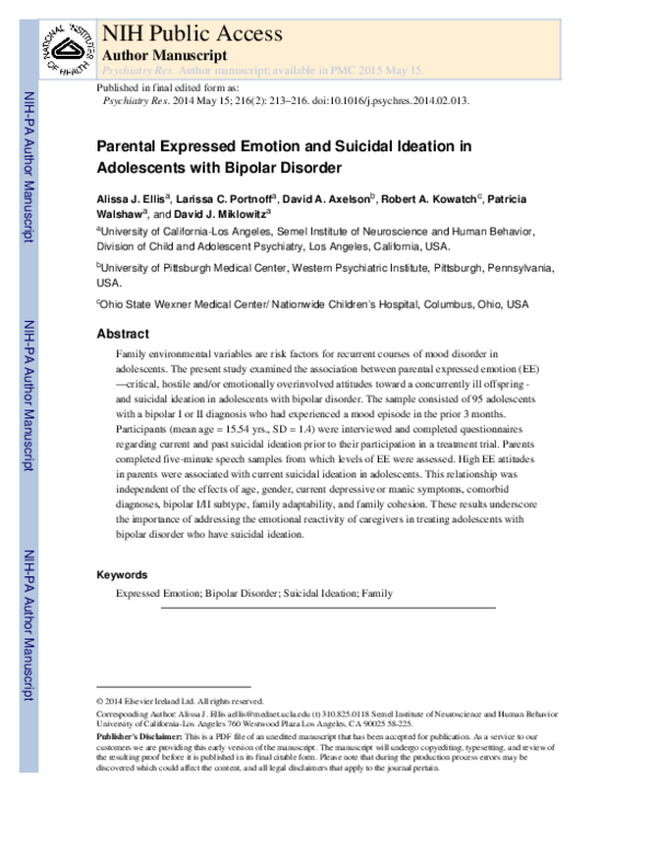 (PDF) Parental expressed emotion and suicidal ideation in adolescents ...