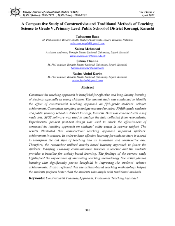 (PDF) A Comparative Study of Constructivist and Traditional Methods of ...