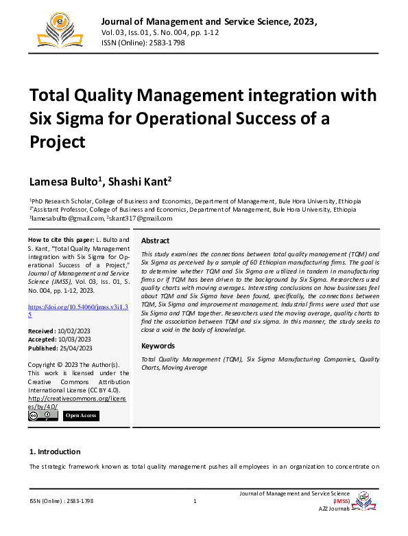 (PDF) Total Quality Management integration with Six Sigma for ...