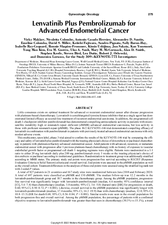 (PDF) Lenvatinib Plus Pembrolizumab for Advanced Endometrial Cancer