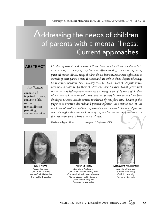 (PDF) Addressing the needs of children of parents with a mental illness ...