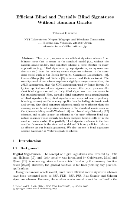 (PDF) Efficient Blind and Partially Blind Signatures Without Random Oracles