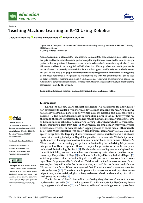 (PDF) Teaching Machine Learning in K-12 Using Robotics