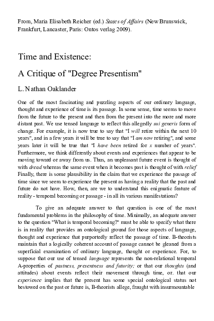 (PDF) Time and Existence: A Critique of Degree Presentism