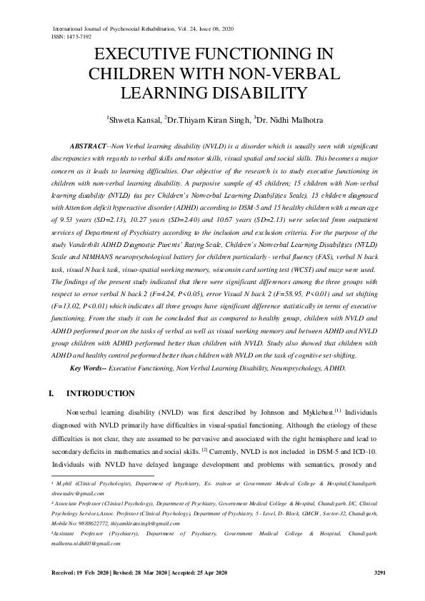 (PDF) EXECUTIVE FUNCTIONING IN CHILDREN WITH NON-VERBAL LEARNING DISABILITY