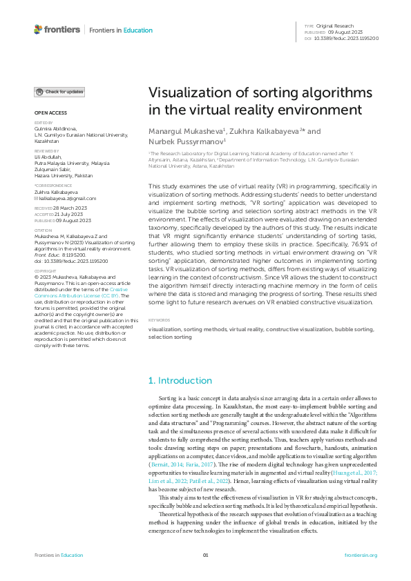 (PDF) Visualization of sorting algorithms in the virtual reality ...