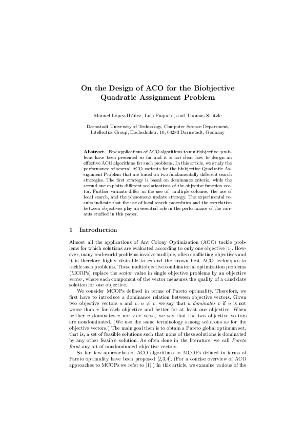 (PDF) On the Design of ACO for the Biobjective Quadratic Assignment Problem