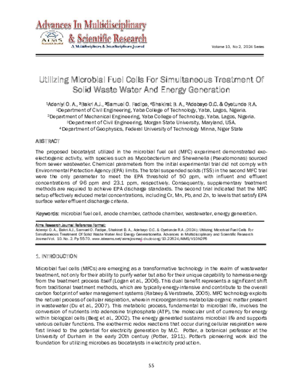(PDF) Utilizing Microbial Fuel Cells For Simultaneous Treatment Of ...