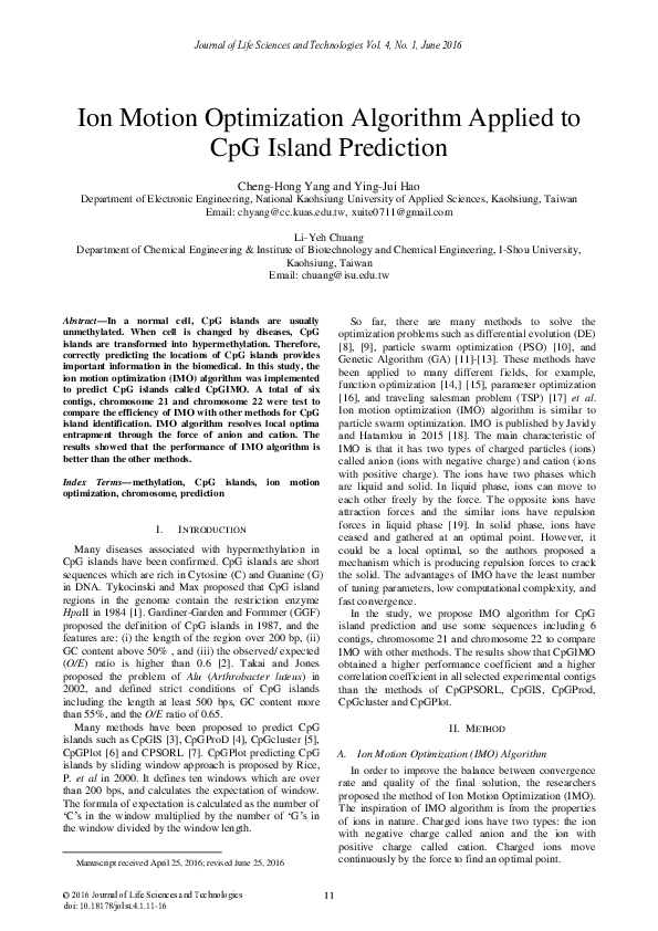 (PDF) Ion Motion Optimization Algorithm Applied to CpG Island Prediction