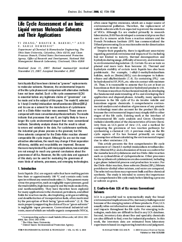 (PDF) Life Cycle Assessment of an Ionic Liquid versus Molecular ...