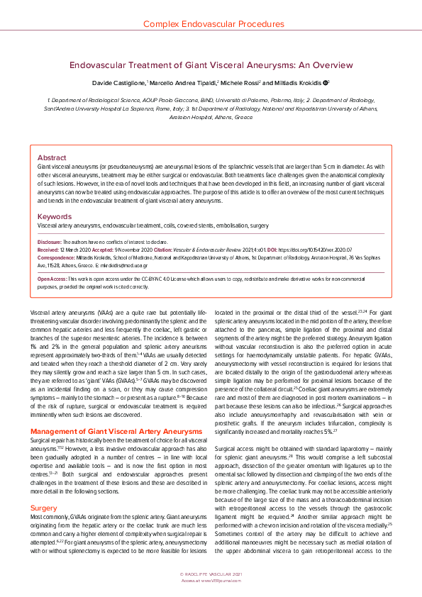 (PDF) Endovascular Treatment of Giant Visceral Aneurysms: An Overview