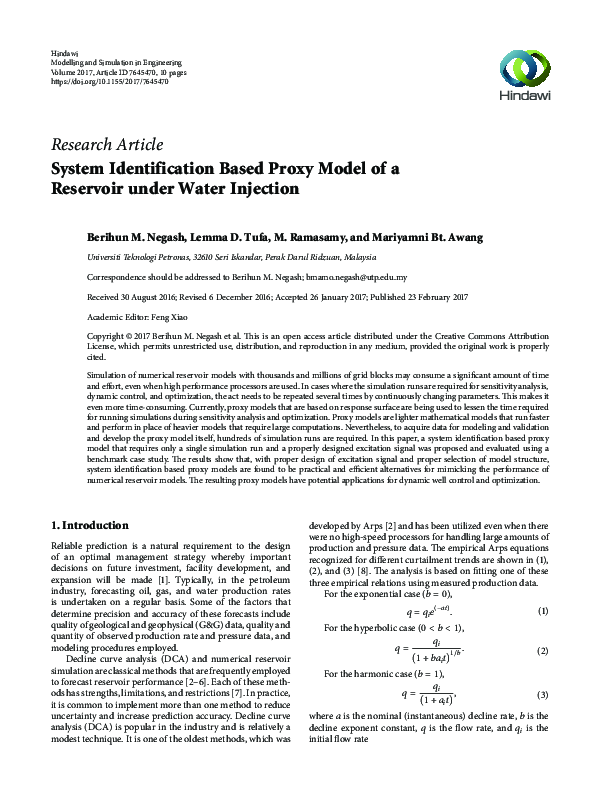 (PDF) System Identification Based Proxy Model of a Reservoir under ...