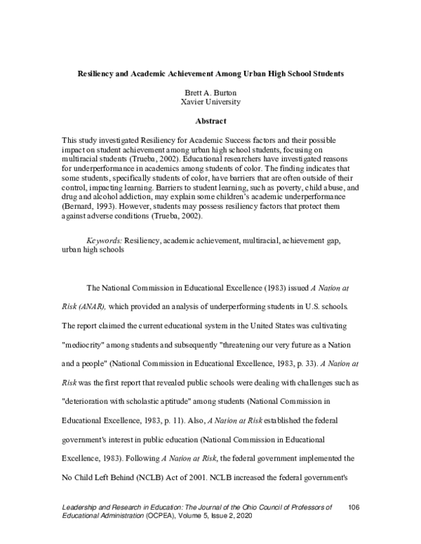 (PDF) Resiliency and Academic Achievement among Urban High School Students