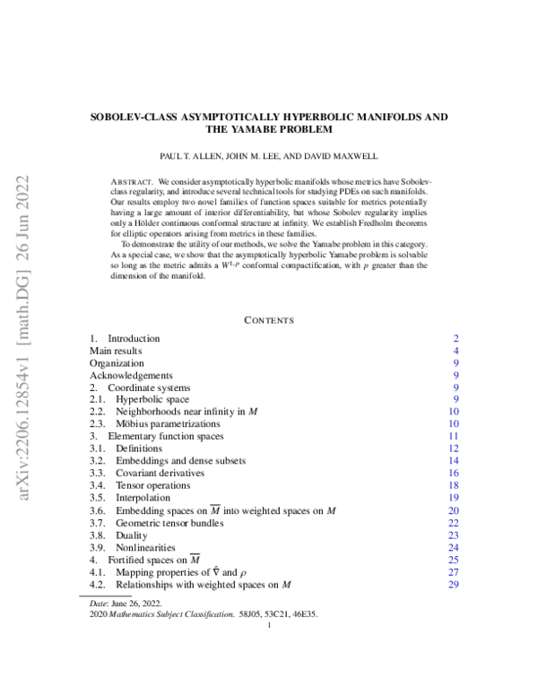(PDF) Sobolev-class asymptotically hyperbolic manifolds and the Yamabe ...