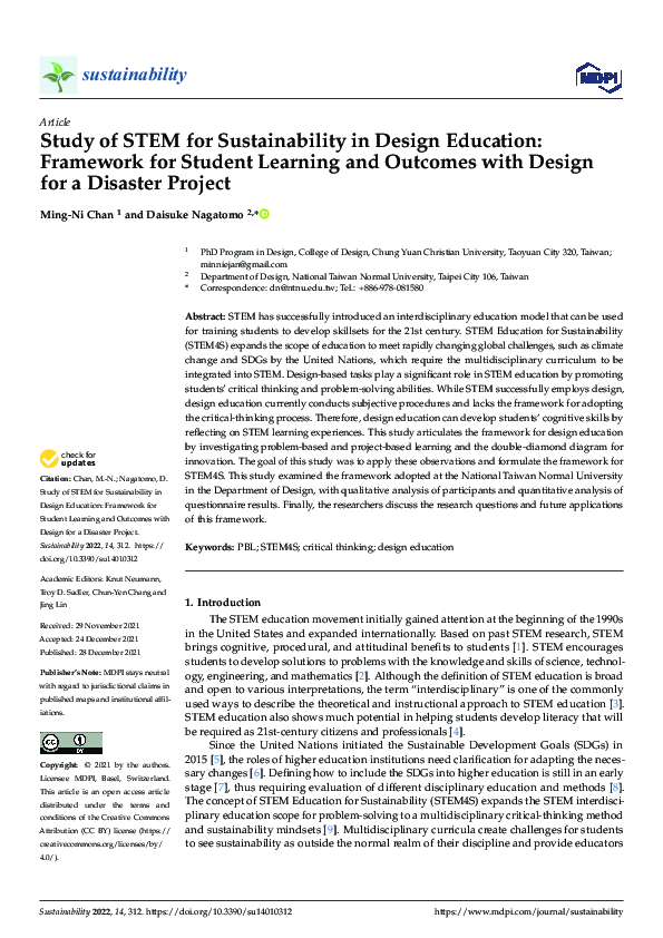 (PDF) Study of STEM for Sustainability in Design Education: Framework ...
