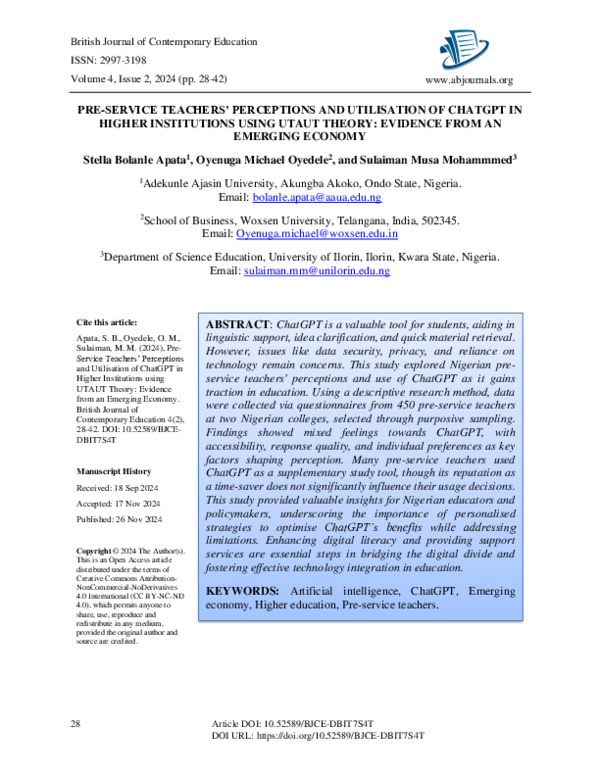 (PDF) PRE-SERVICE TEACHERS’ PERCEPTIONS AND UTILIZATION OF CHATGPT IN ...
