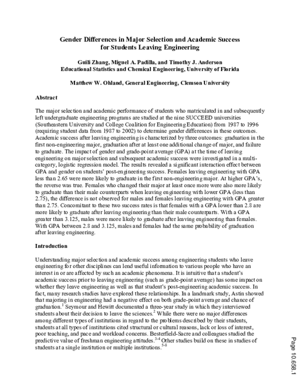 (PDF) Gender Differences In Major Selection And Academic Success For ...