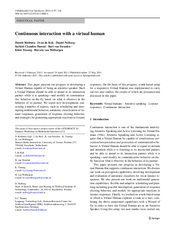 (PDF) Continuous interaction with a virtual human
